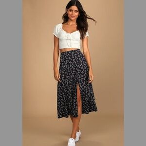 Lulus Bliss Me Navy Blue Floral Print Midi Skirt - Size M